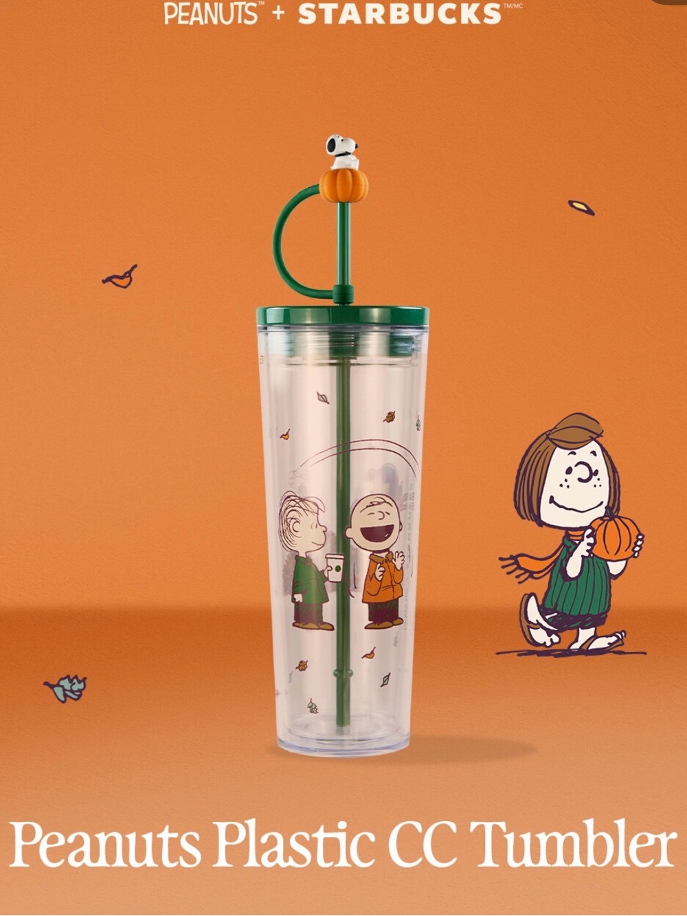Starbucks Peanuts cold drink Tumbler in Orange & Green with Snoopy Topper